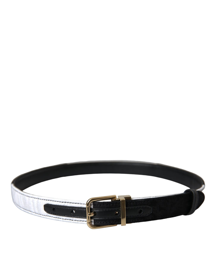 Black and white patchwork belt with gold metal buckle