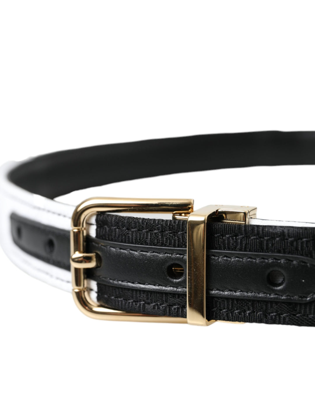 Black and white patchwork belt with gold metal buckle