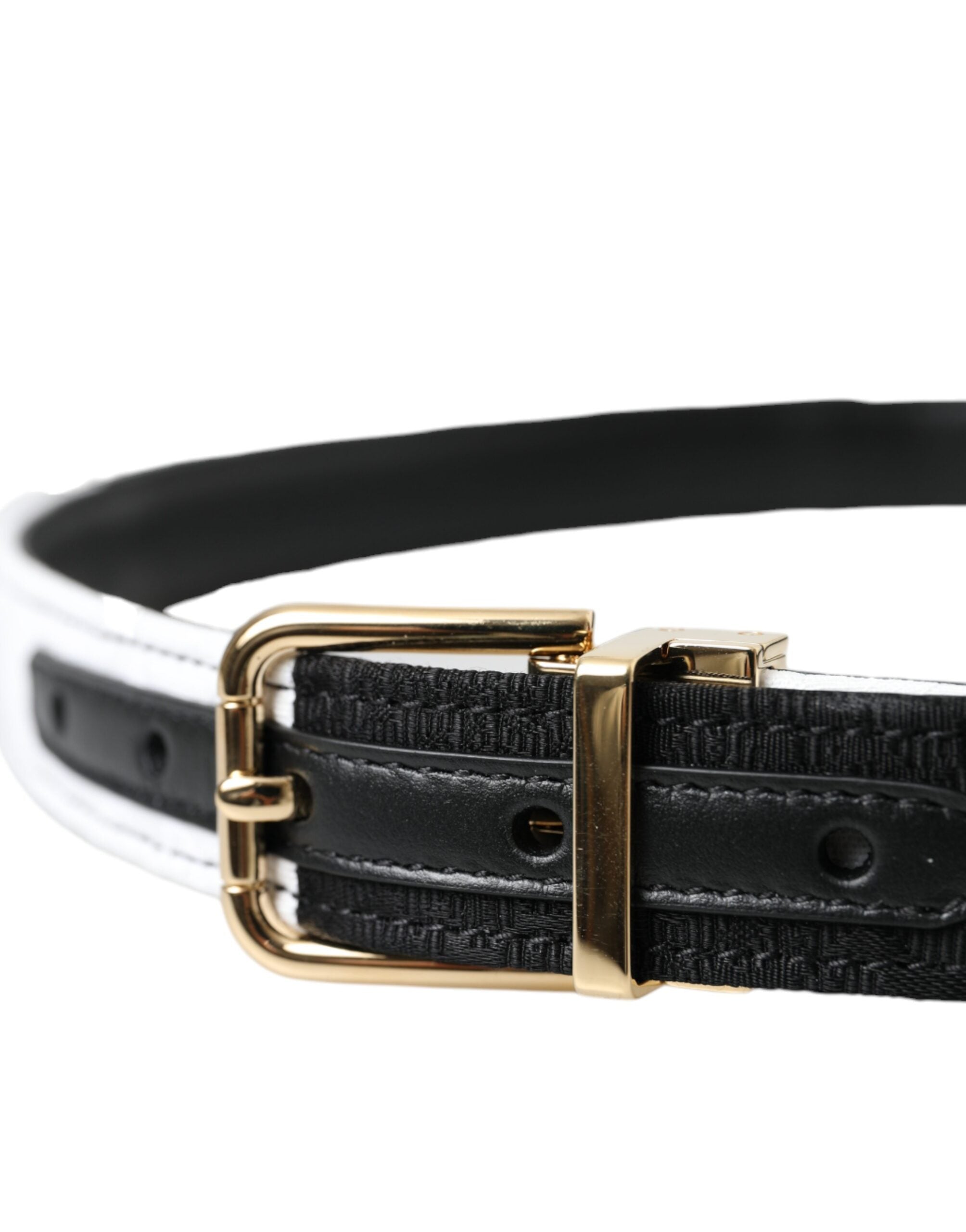Black and white patchwork belt with gold metal buckle