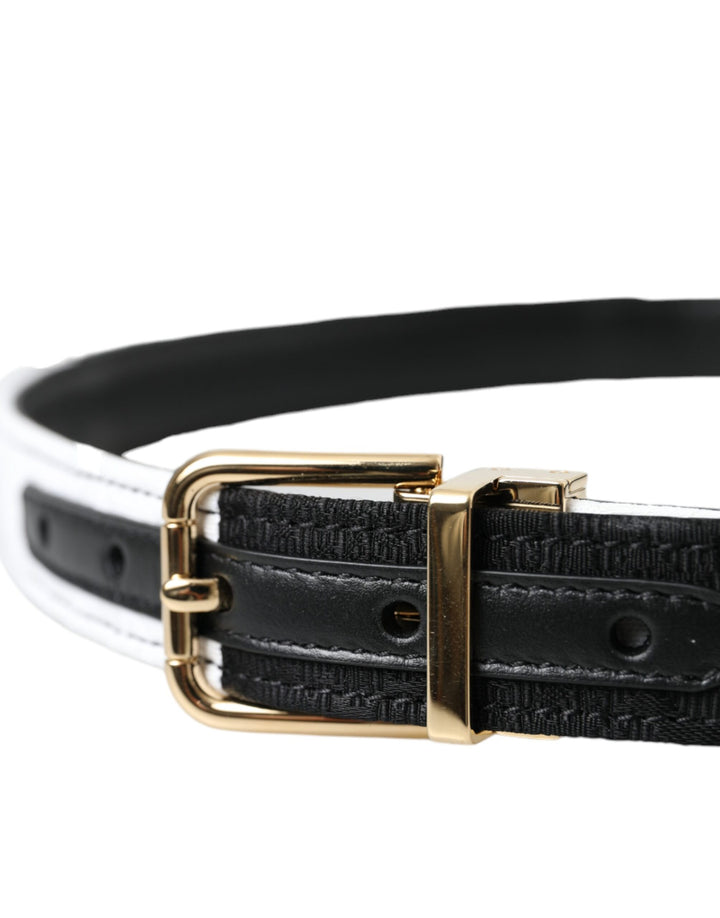 Black and white patchwork belt with gold metal buckle