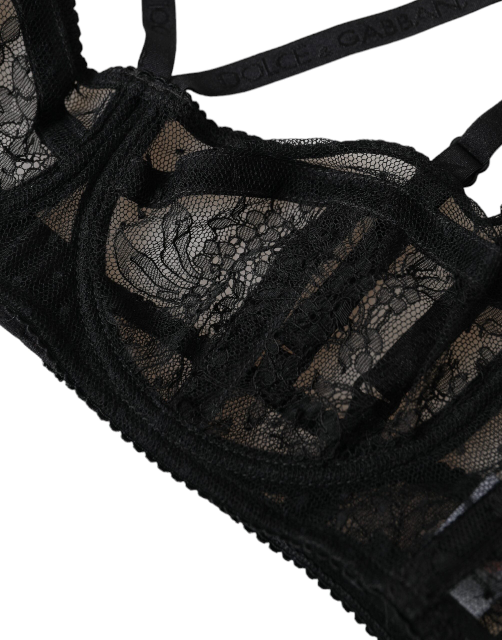 Black floral lace nylon balcony bra underwear