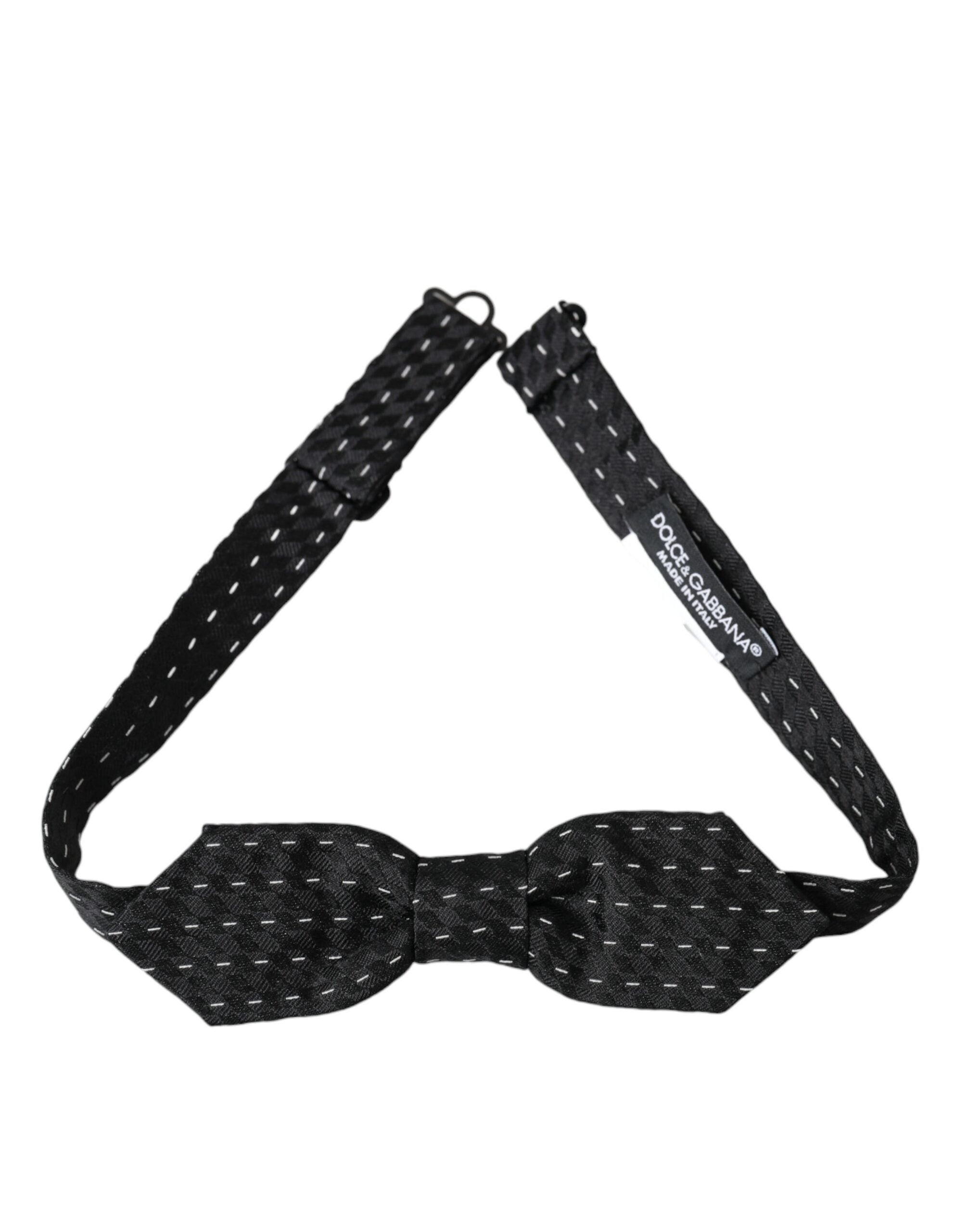 Black White Stitched Silk Men's Neck Bow Tie