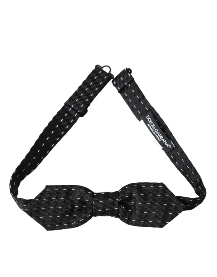 Black White Stitched Silk Men's Neck Bow Tie