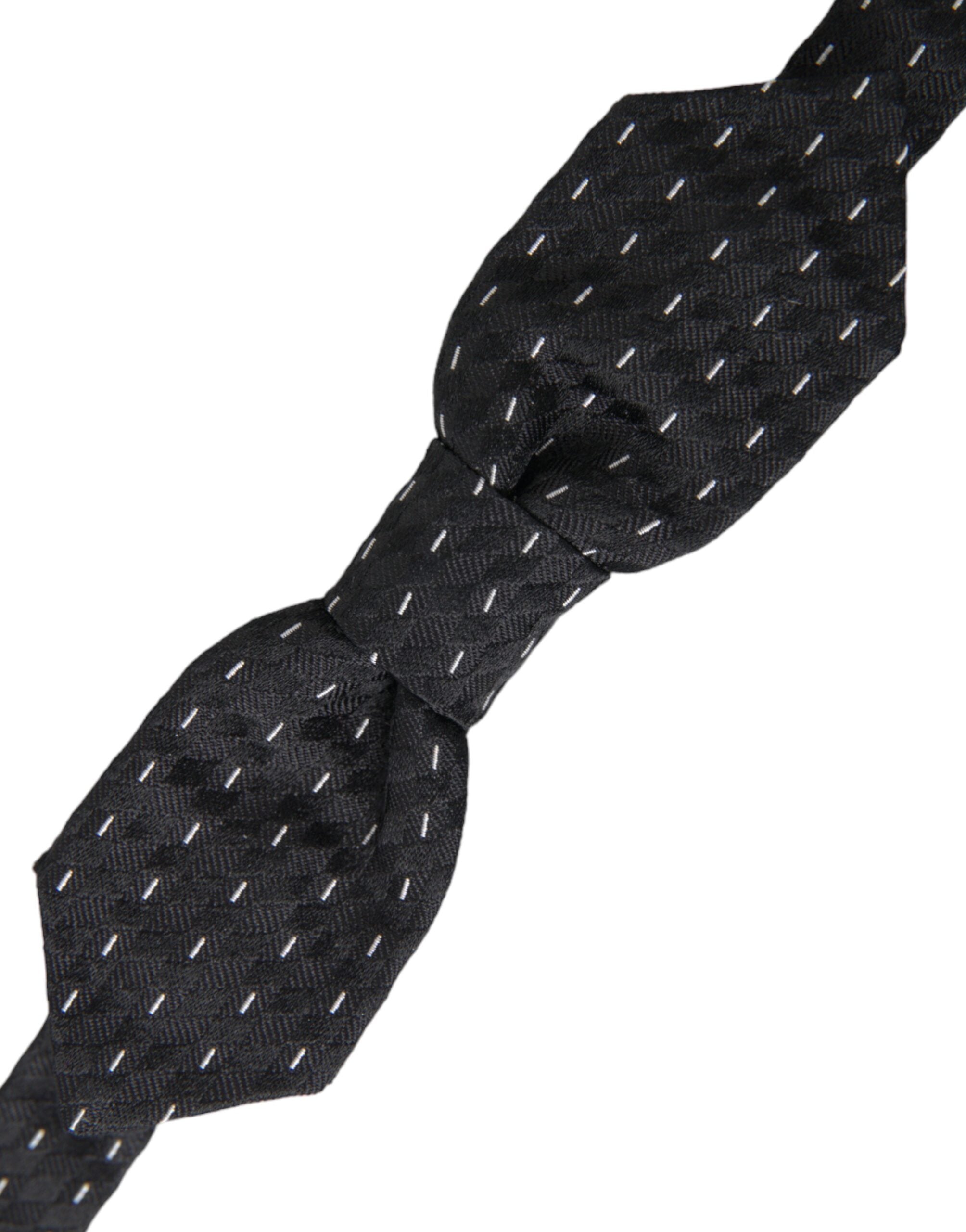 Black White Stitched Silk Men's Neck Bow Tie