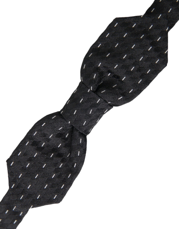 Black White Stitched Silk Men's Neck Bow Tie