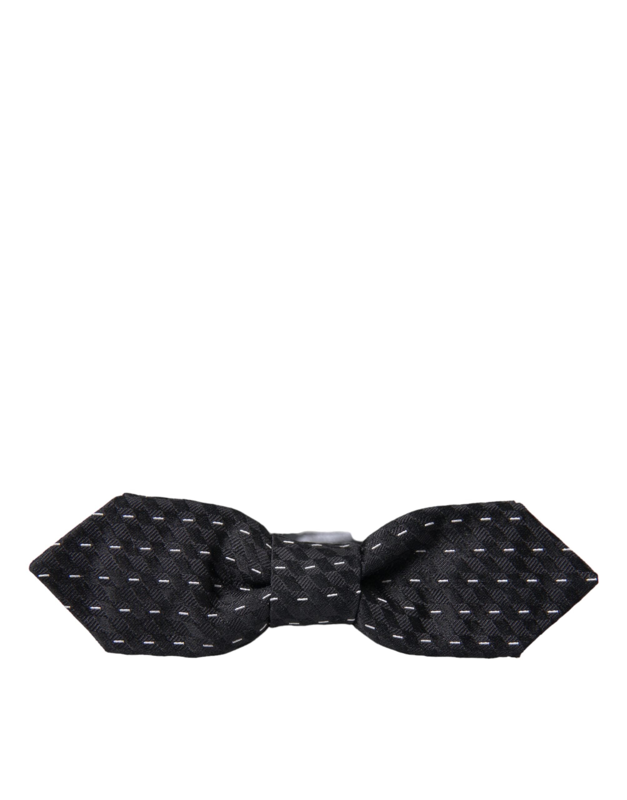 Black White Stitched Silk Men's Neck Bow Tie