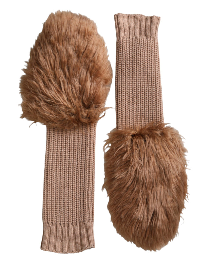 Brown cashmere knitted fur mid-sleeve mittens