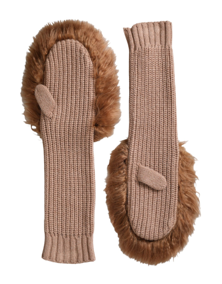 Brown cashmere knitted fur mid-sleeve mittens