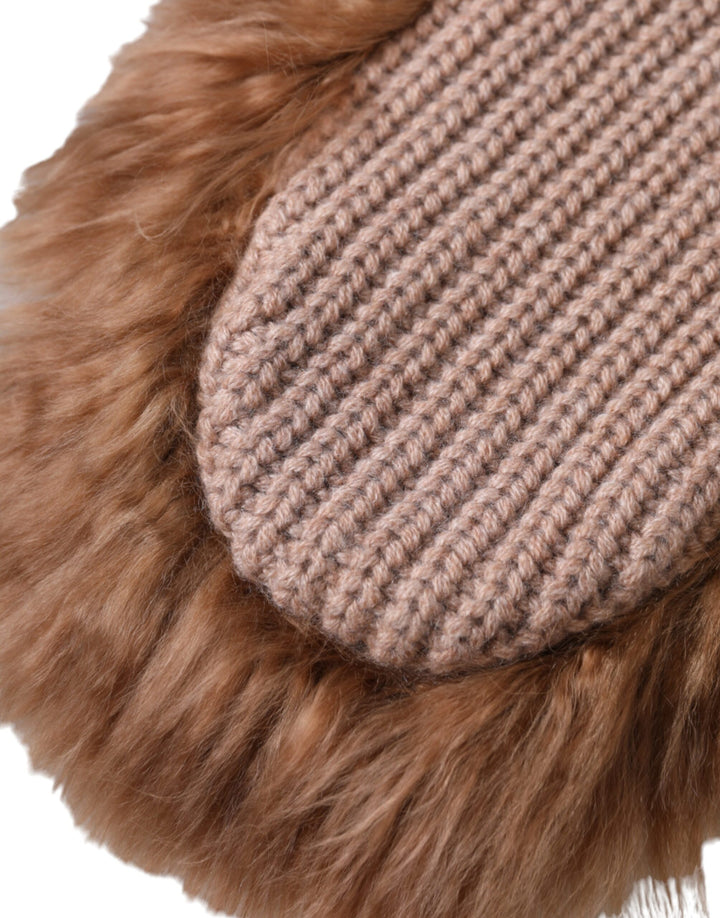 Brown cashmere knitted fur mid-sleeve mittens