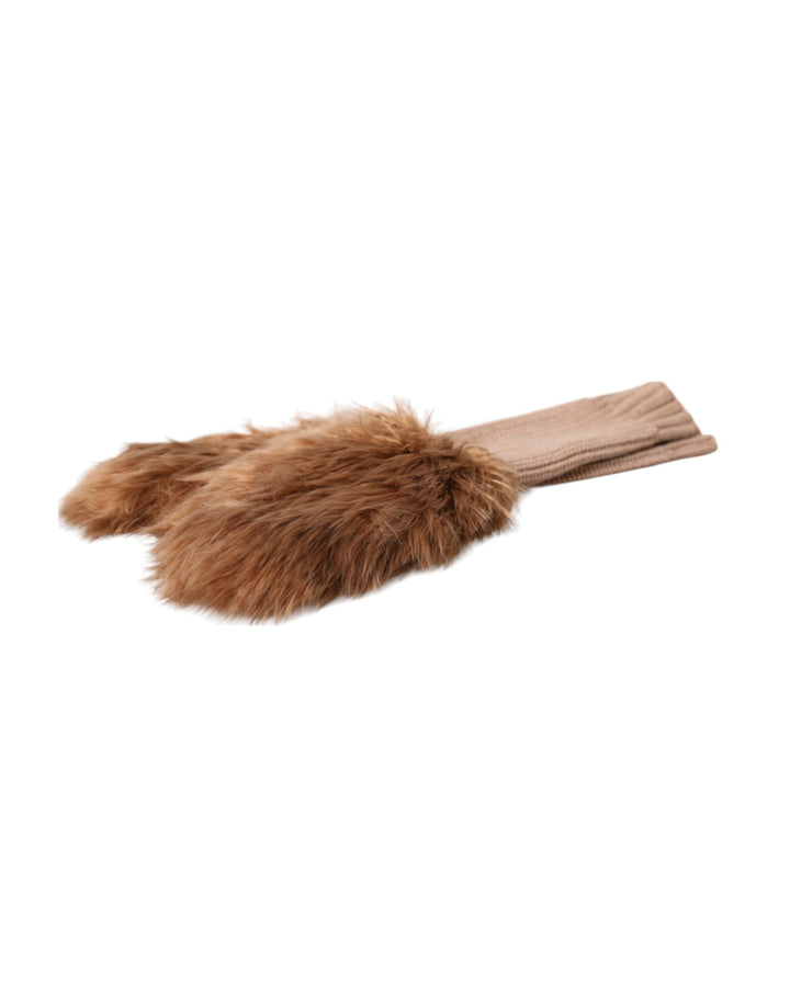 Brown cashmere knitted fur mid-sleeve mittens