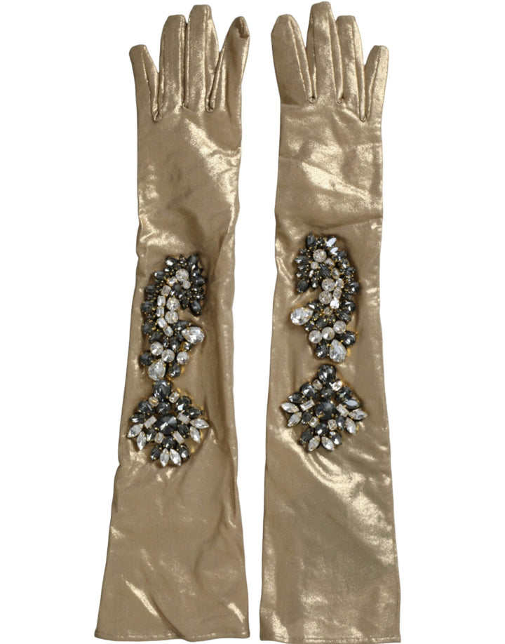 Beige Satin Kristall Ellenbogenlange Handschuhe