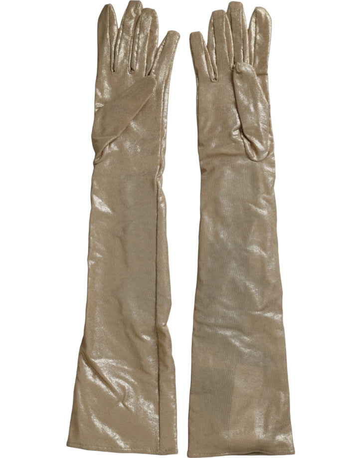 Beige Satin Kristall Ellenbogenlange Handschuhe