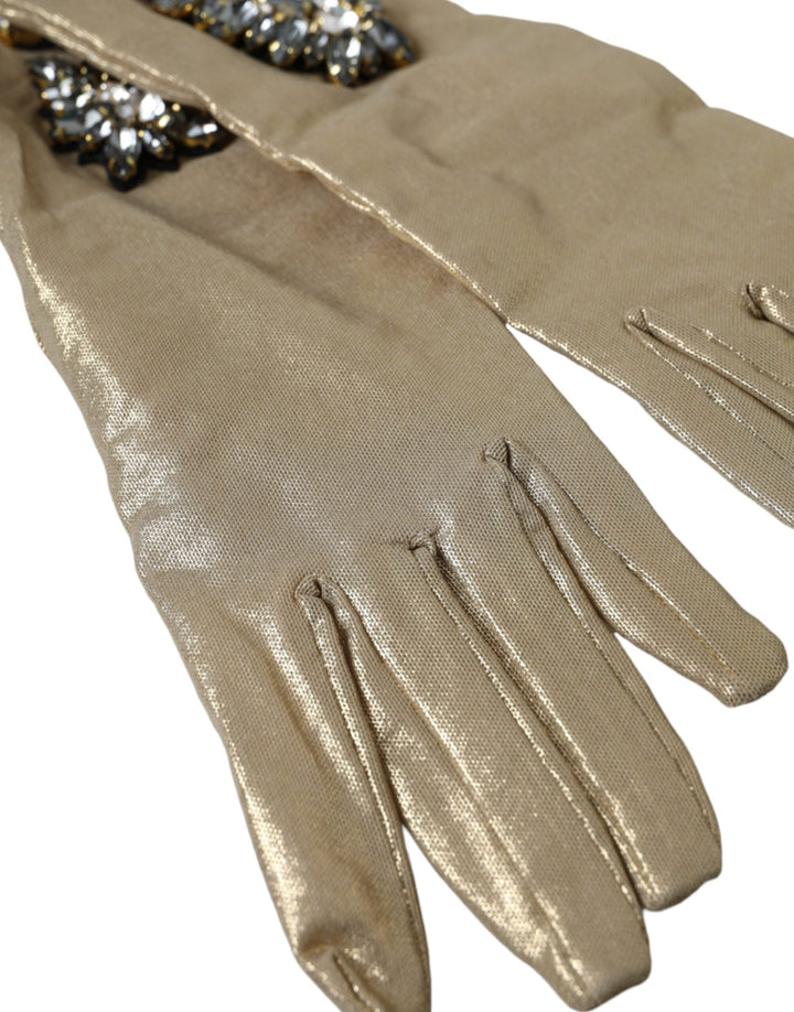 Beige Satin Kristall Ellenbogenlange Handschuhe