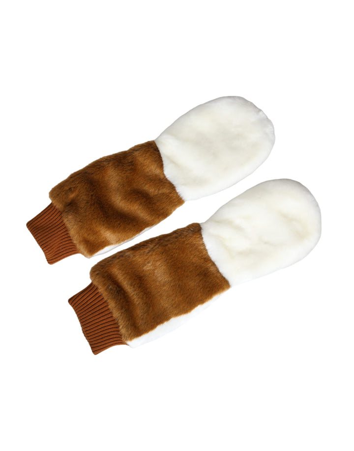 Braun Weiß Acryl gestrickt Pelz Mitten Handschuhe