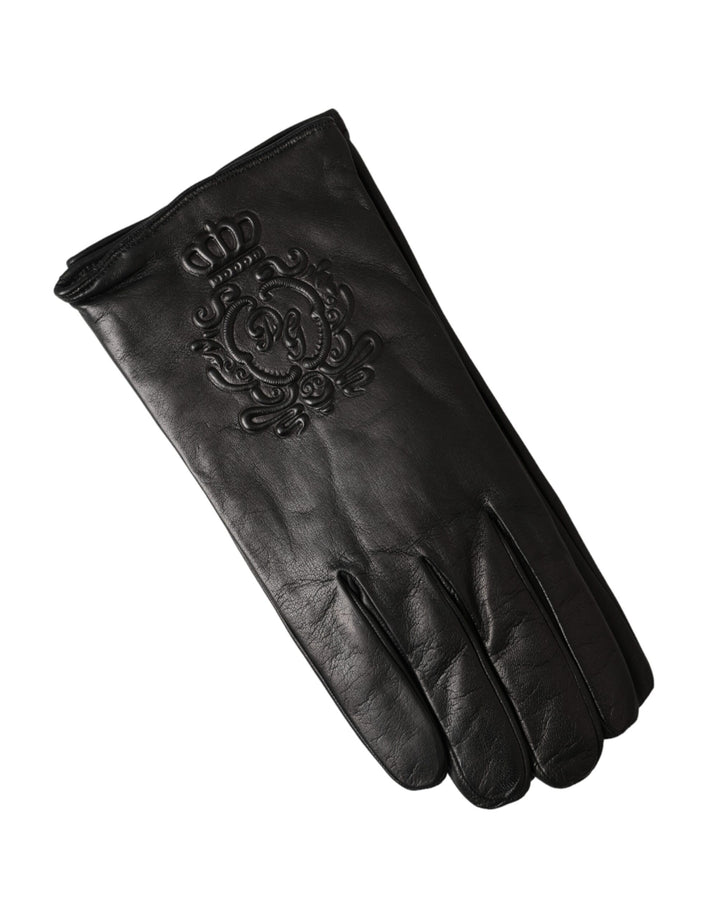 Black leather gloves with embossed logo for short hands