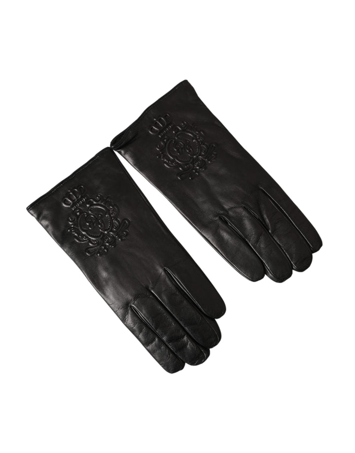 Black leather gloves with embossed logo for short hands