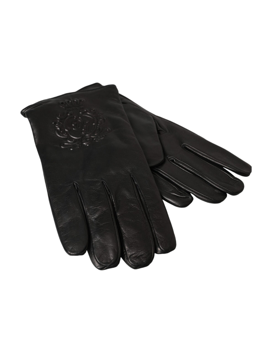 Black leather gloves with embossed logo for short hands