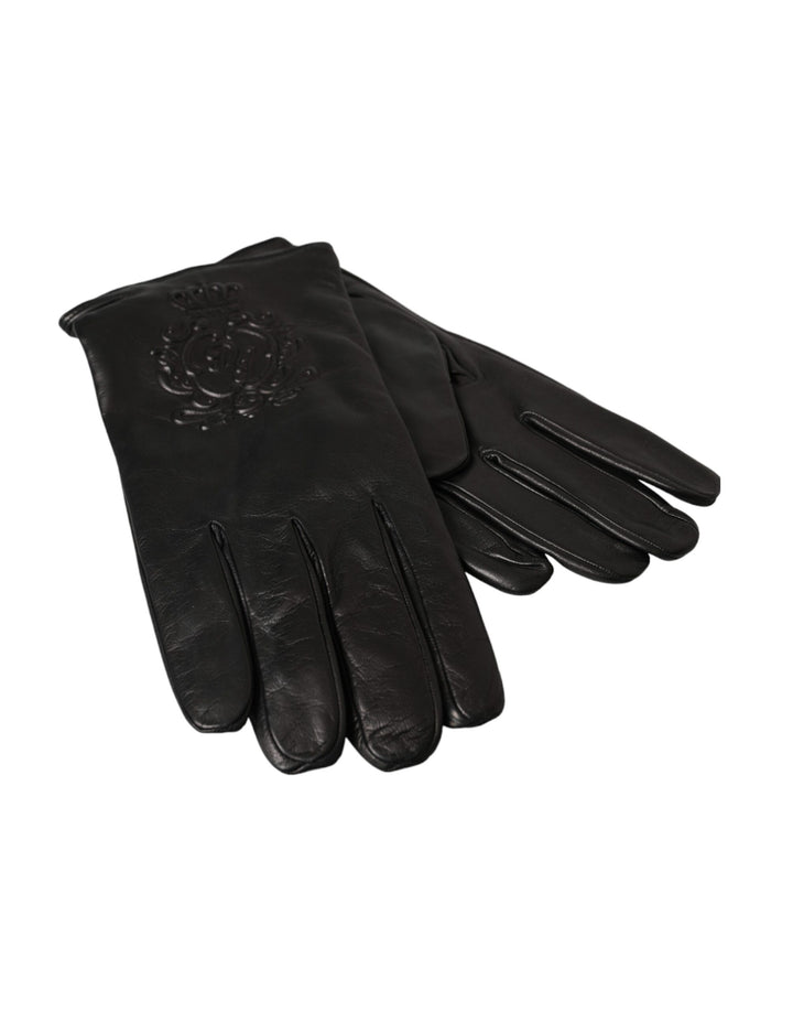 Black leather gloves with embossed logo for short hands