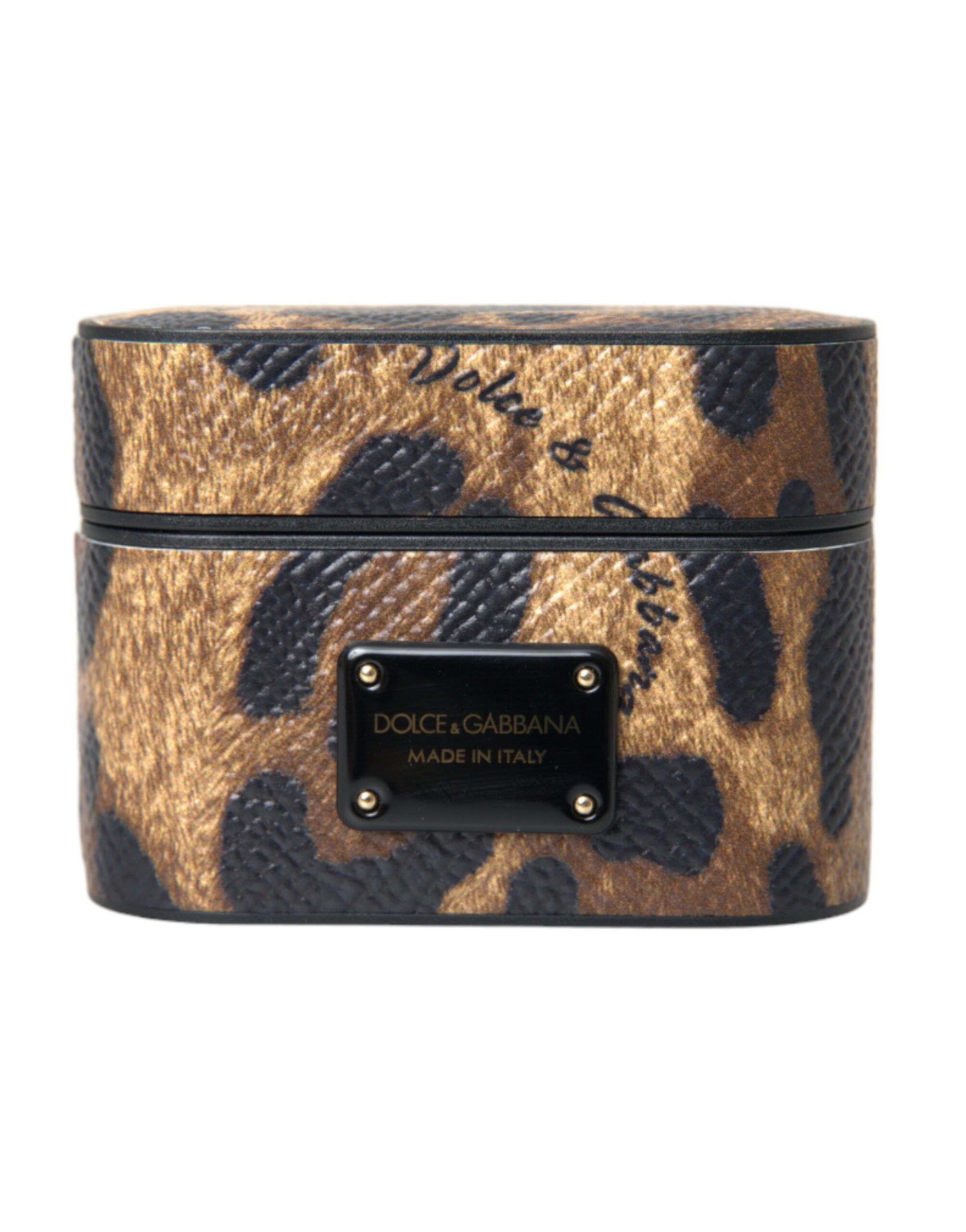 Brown Leopard Calfskin Metal Logo Plaque Airpods Case