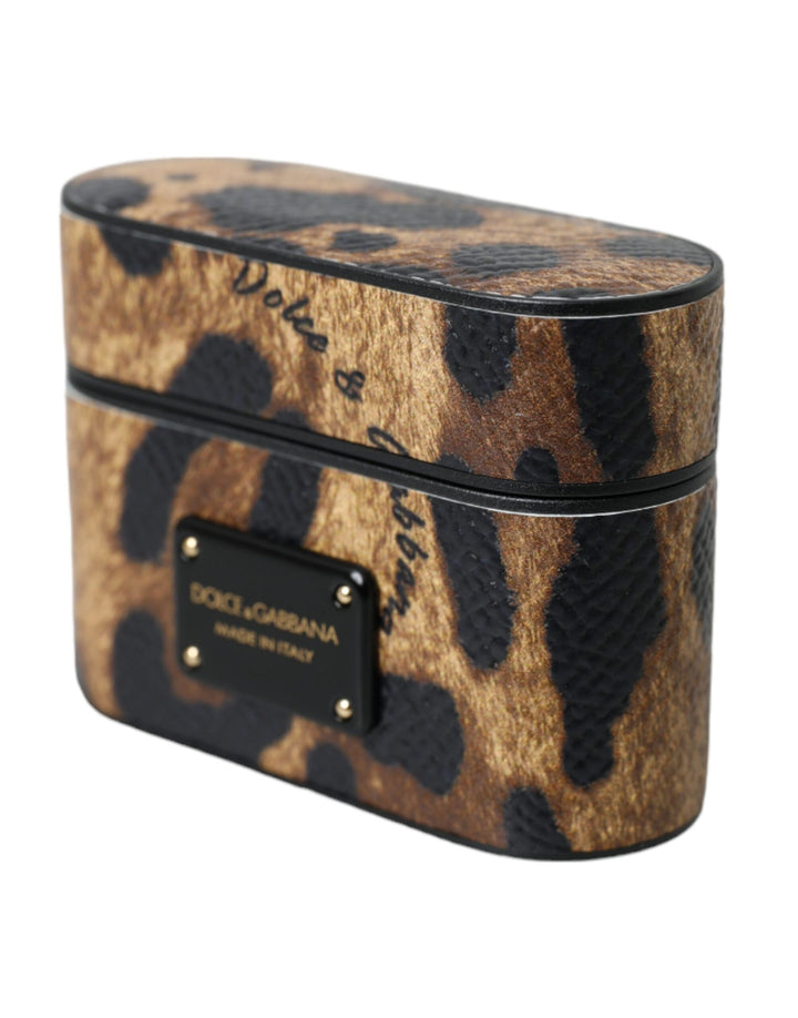 Brauner Leopard Kalbsleder Metall Logo Plaque Airpods Fall