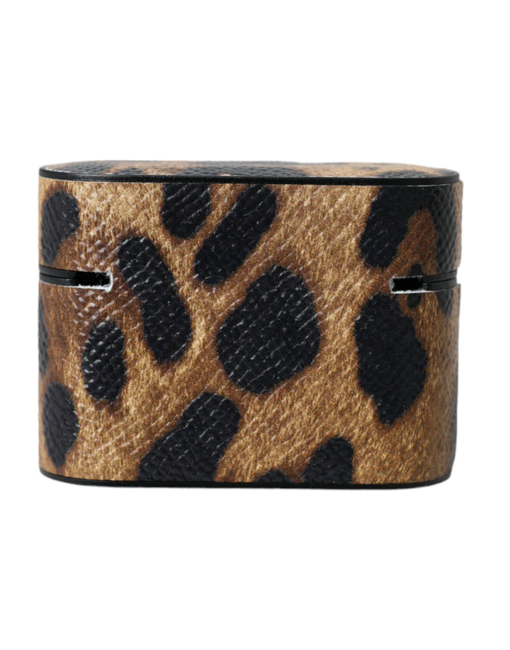 Brauner Leopard Kalbsleder Metall Logo Plaque Airpods Fall