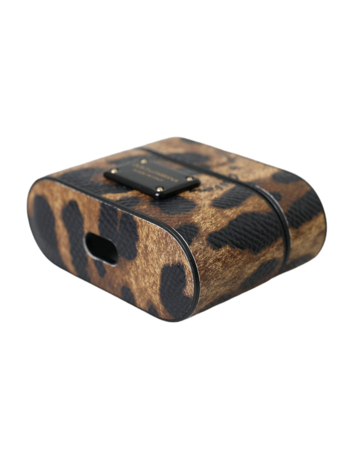 Brauner Leopard Kalbsleder Metall Logo Plaque Airpods Fall