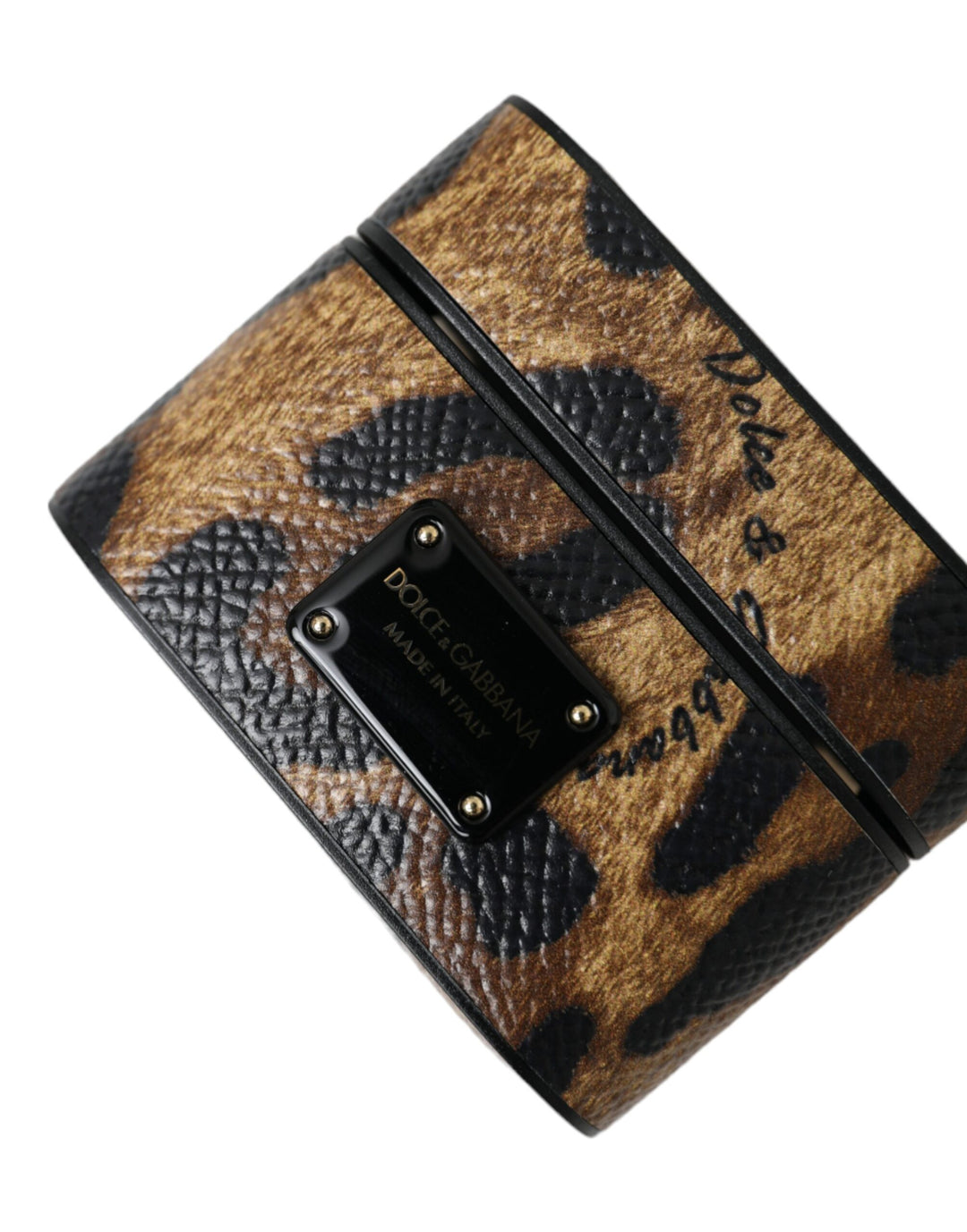 Brauner Leopard Kalbsleder Metall Logo Plaque Airpods Fall