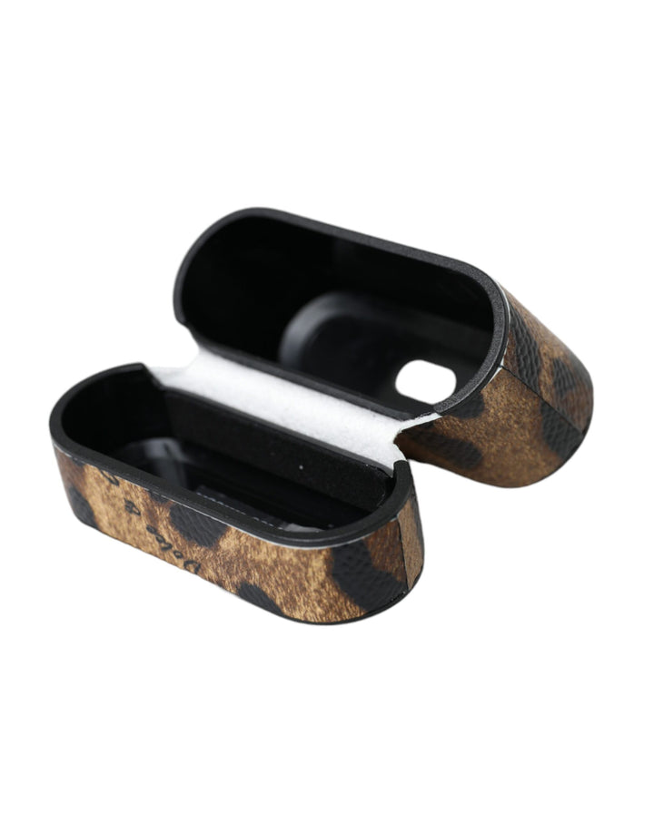 Brauner Leopard Kalbsleder Metall Logo Plaque Airpods Fall