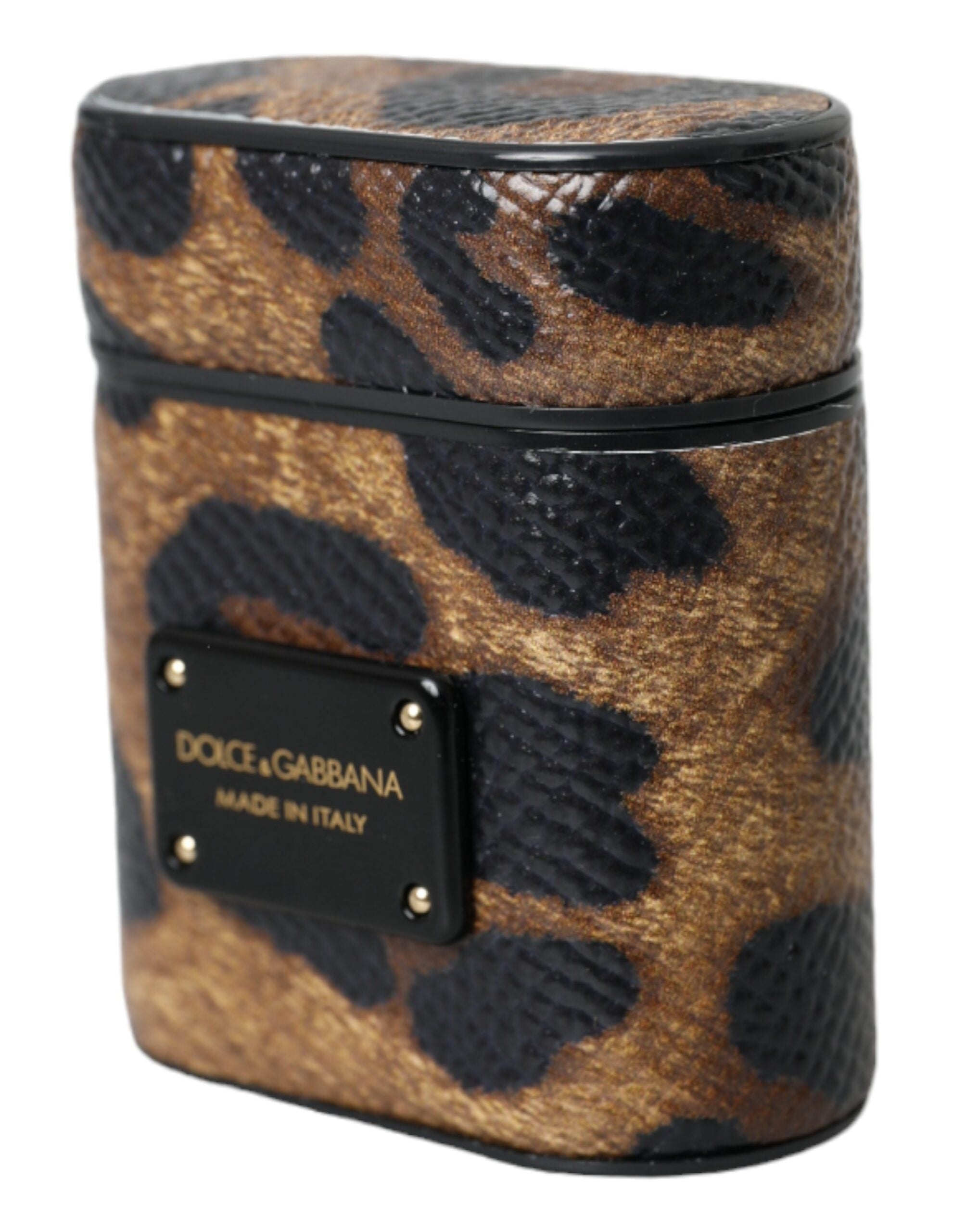 Brown Leopard Calfskin Metal Logo Plaque Airpods Case