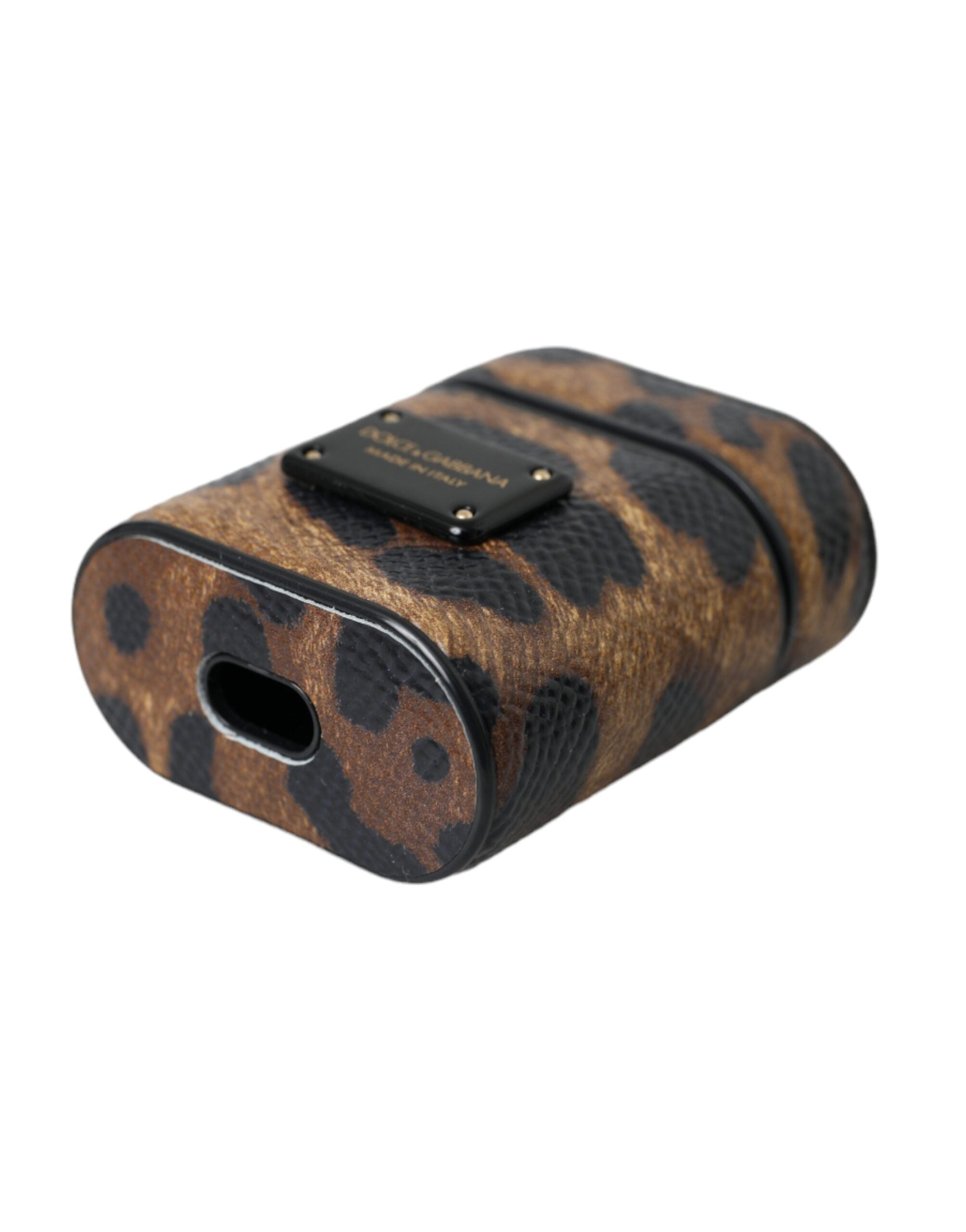 Brown Leopard Calfskin Metal Logo Plaque Airpods Case