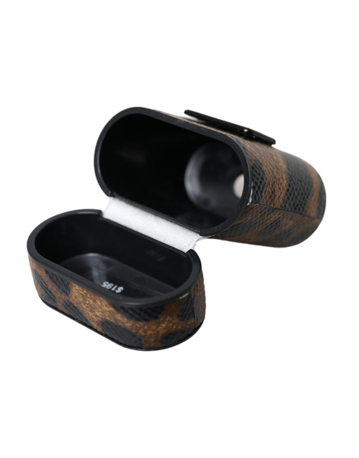Brauner Leopard Kalbsleder Metall Logo Plaque Airpods Fall