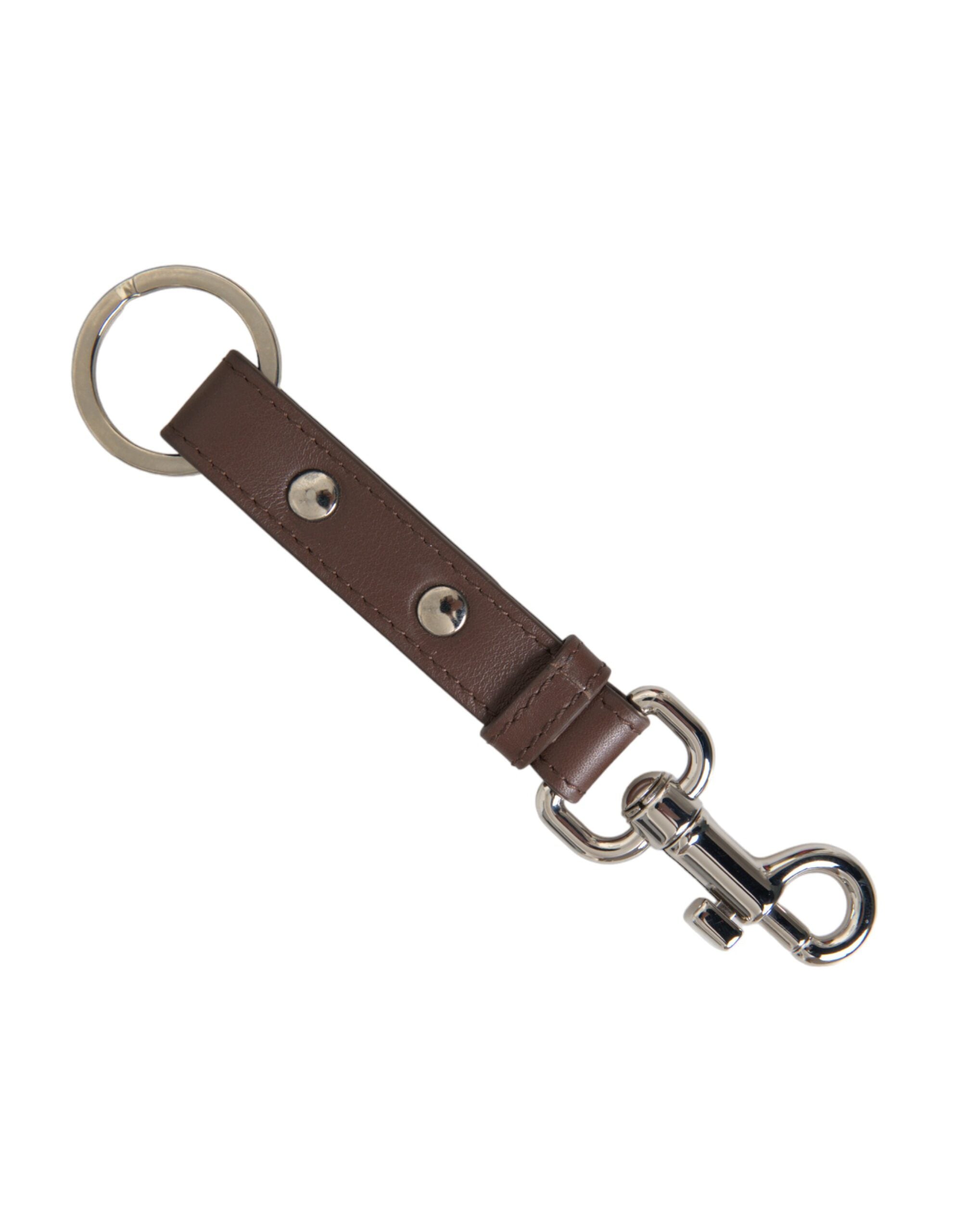 Brown Plain Leather Silver Brass Keychain Keyring
