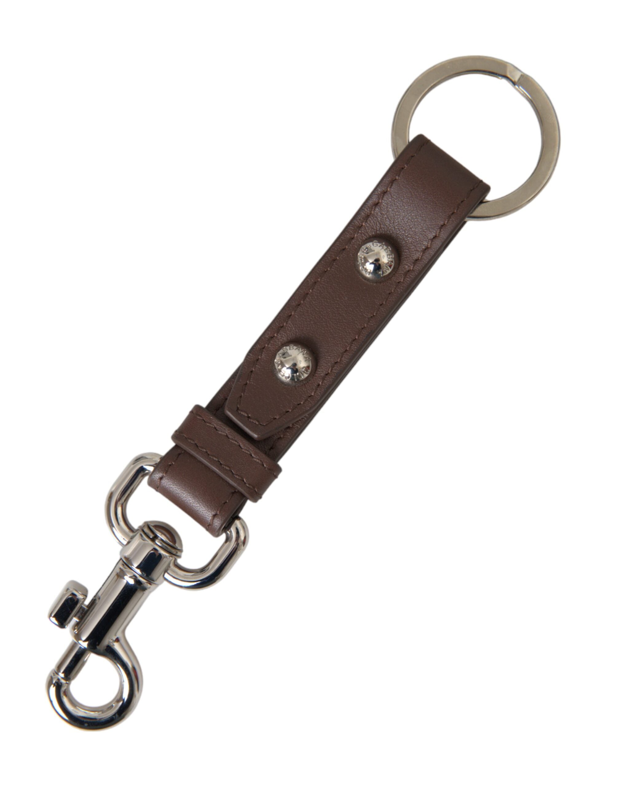 Brown Plain Leather Silver Brass Keychain Keyring