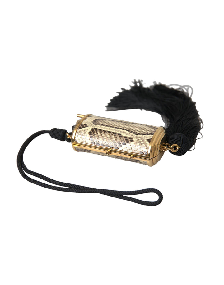 Beige Exotisches Leder Mini-Spiegel Quaste Make Up Tasche