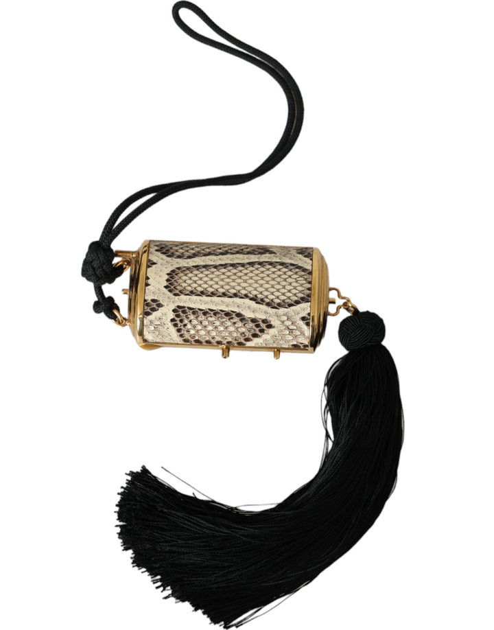 Beige Exotisches Leder Mini-Spiegel Quaste Make Up Tasche