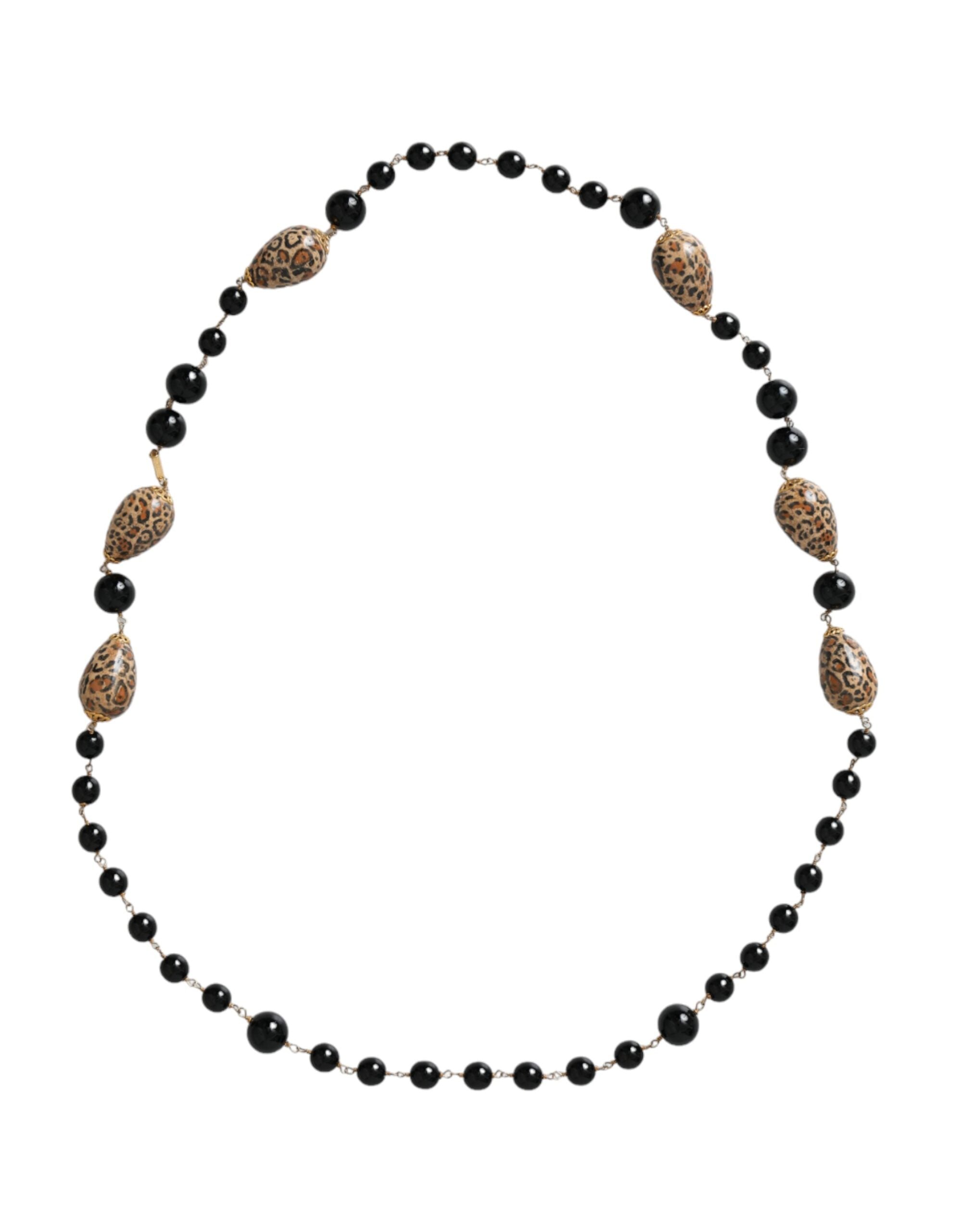 Gold-tone brass black printed beads long chain necklace
