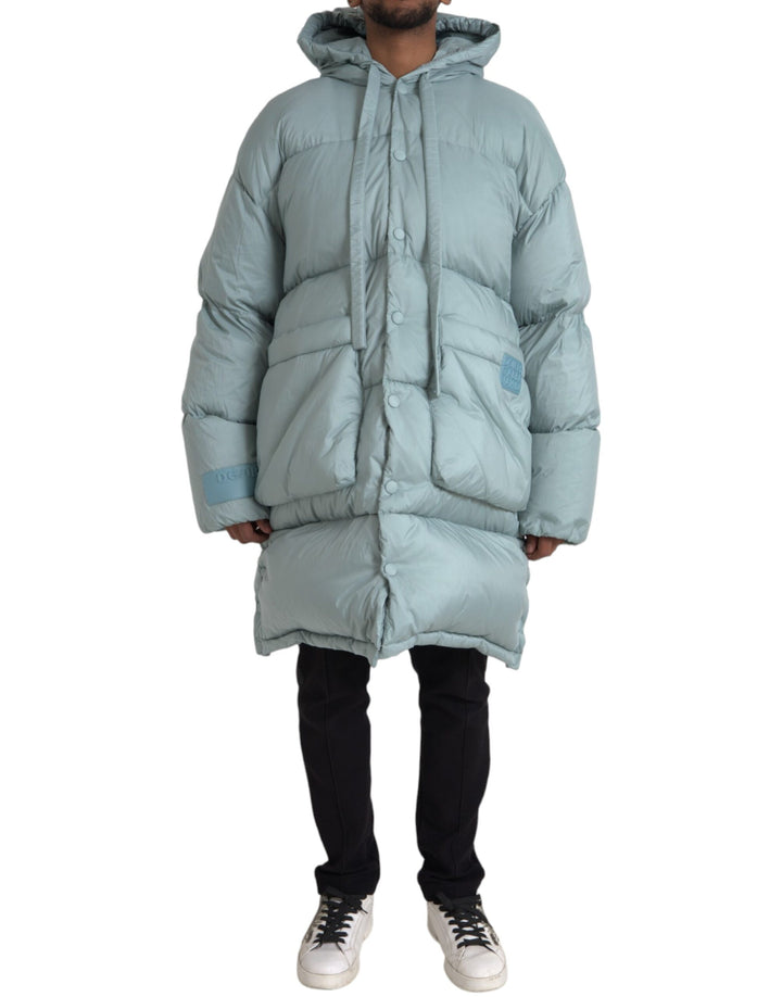 Light blue quilted hooded puffer jacket men