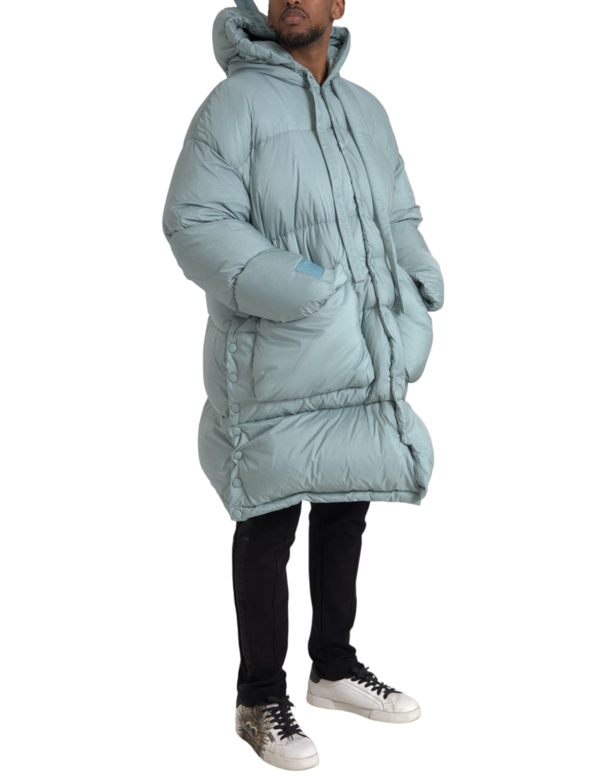 Light blue quilted hooded puffer jacket men