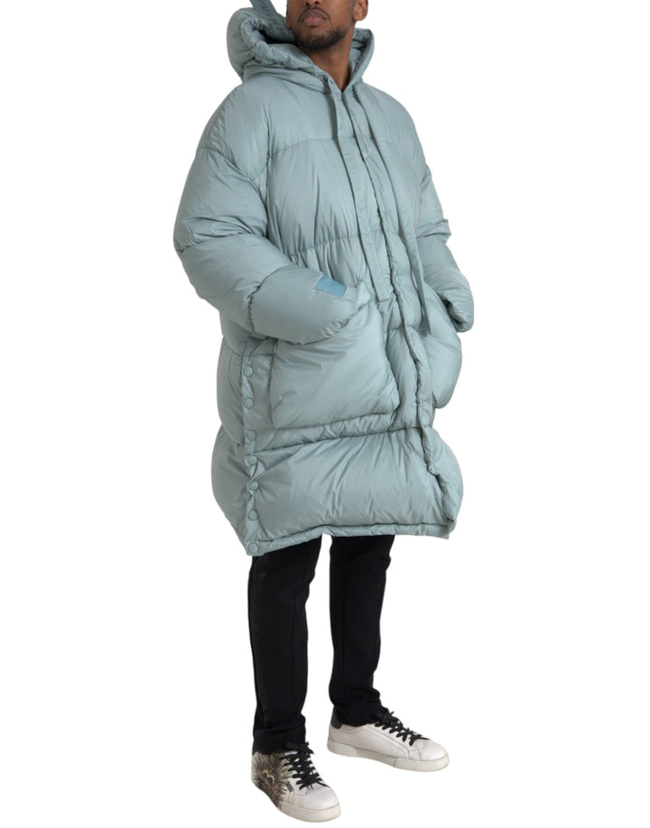 Light blue quilted hooded puffer jacket men