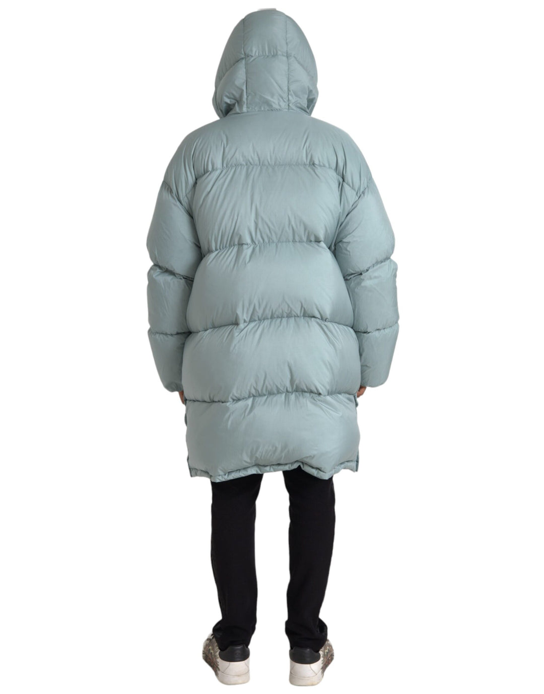Light blue quilted hooded puffer jacket men
