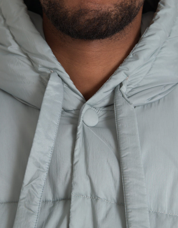 Light blue quilted hooded puffer jacket men