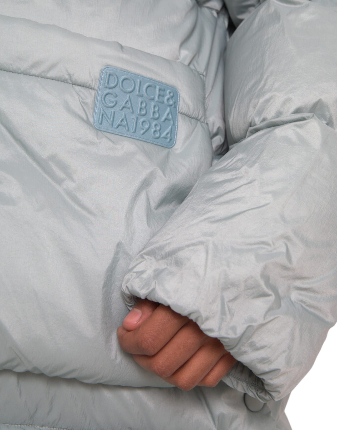 Light blue quilted hooded puffer jacket men