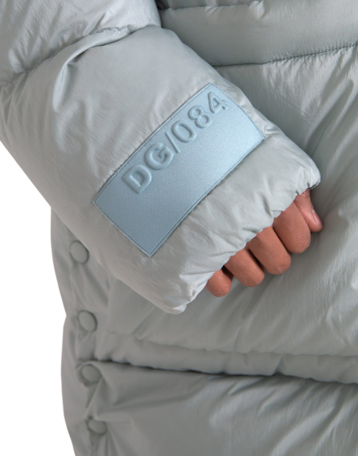 Light blue quilted hooded puffer jacket men