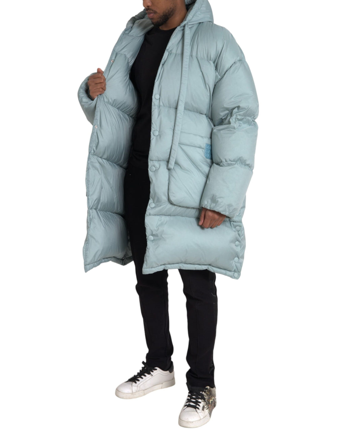 Light blue quilted hooded puffer jacket men