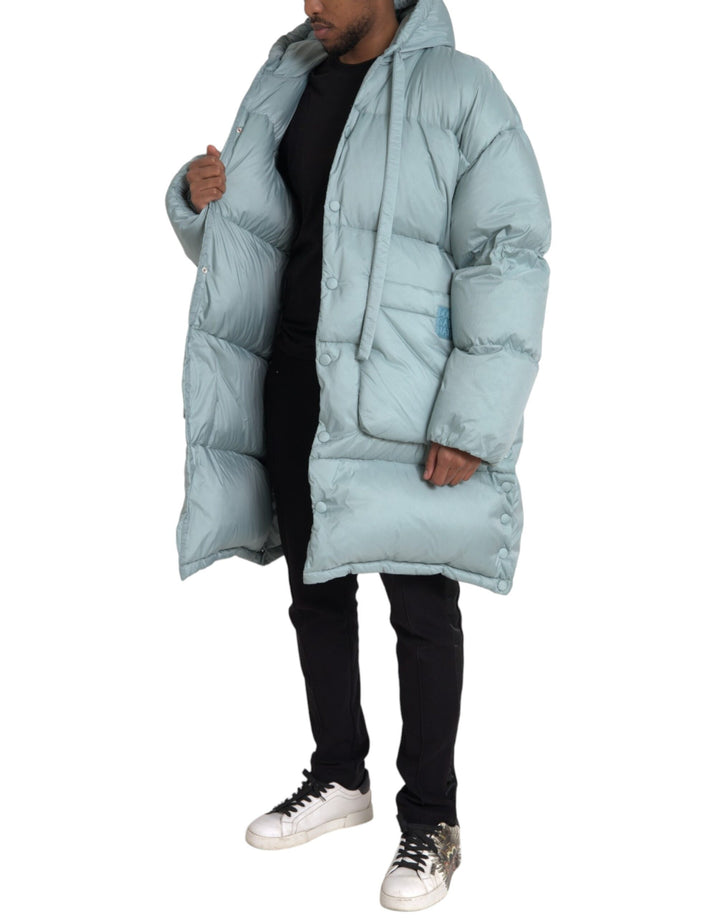 Light blue quilted hooded puffer jacket men