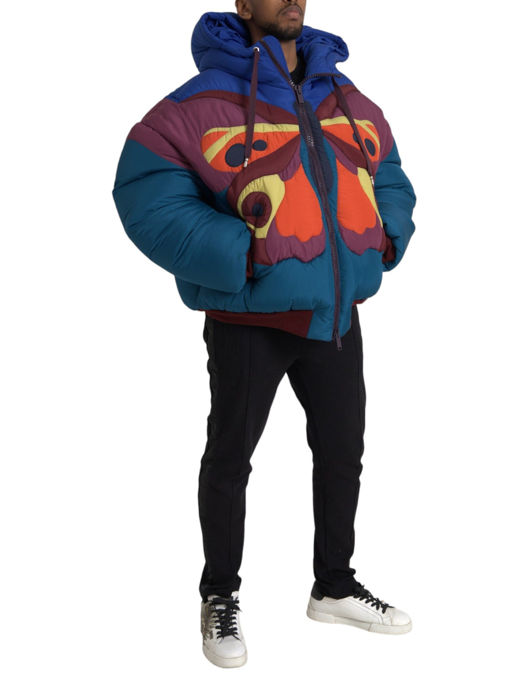 Multicolor butterfly hooded puffer jacket