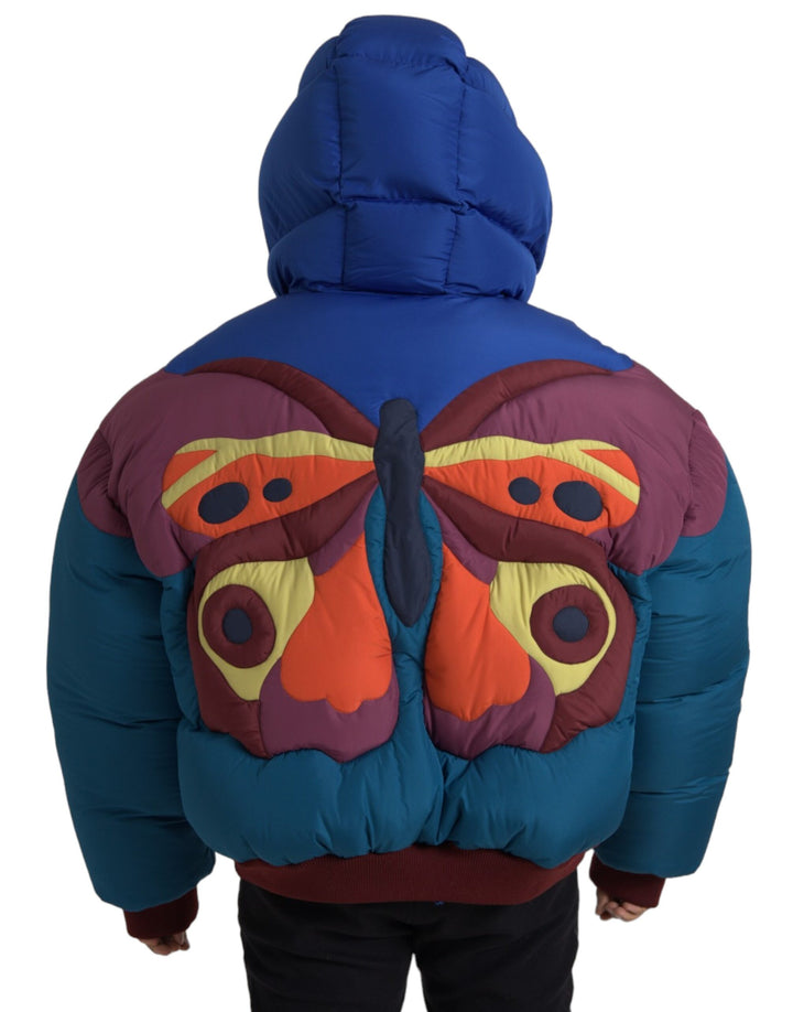 Multicolor butterfly hooded puffer jacket