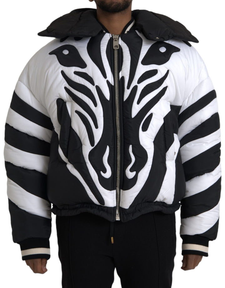 Black and white striped hooded puffer jacket