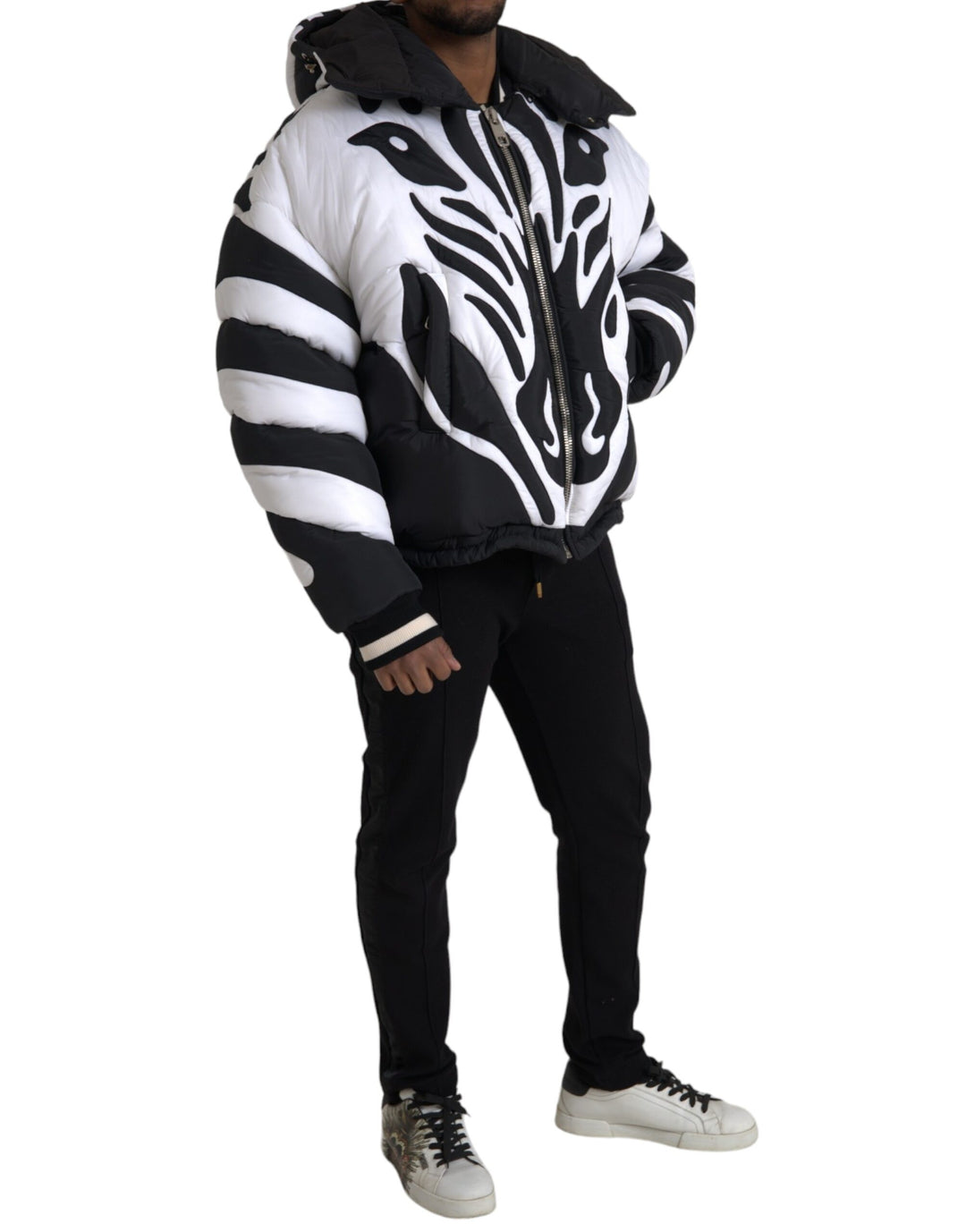 Black and white striped hooded puffer jacket