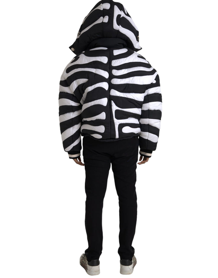 Black and white striped hooded puffer jacket